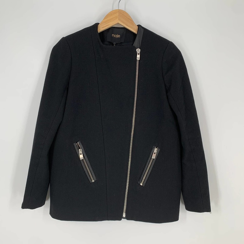 Maje Wool and Leather Moto Jacket Asymmetric Wool Blend Coat Stylized, Black, S - Picture 3 of 10